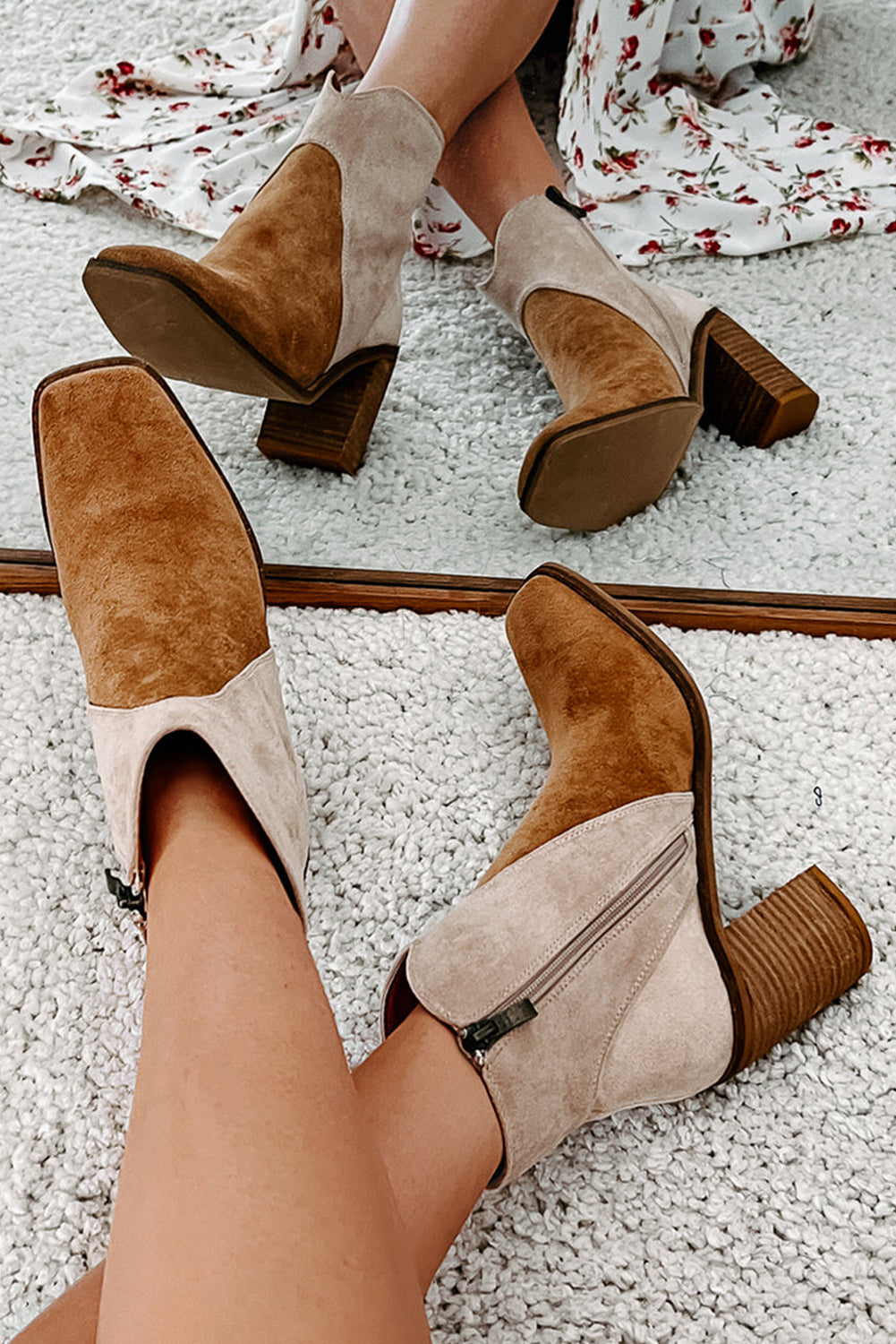 Nova Nights Two Tone Faux Suede Chunky Heel Boots