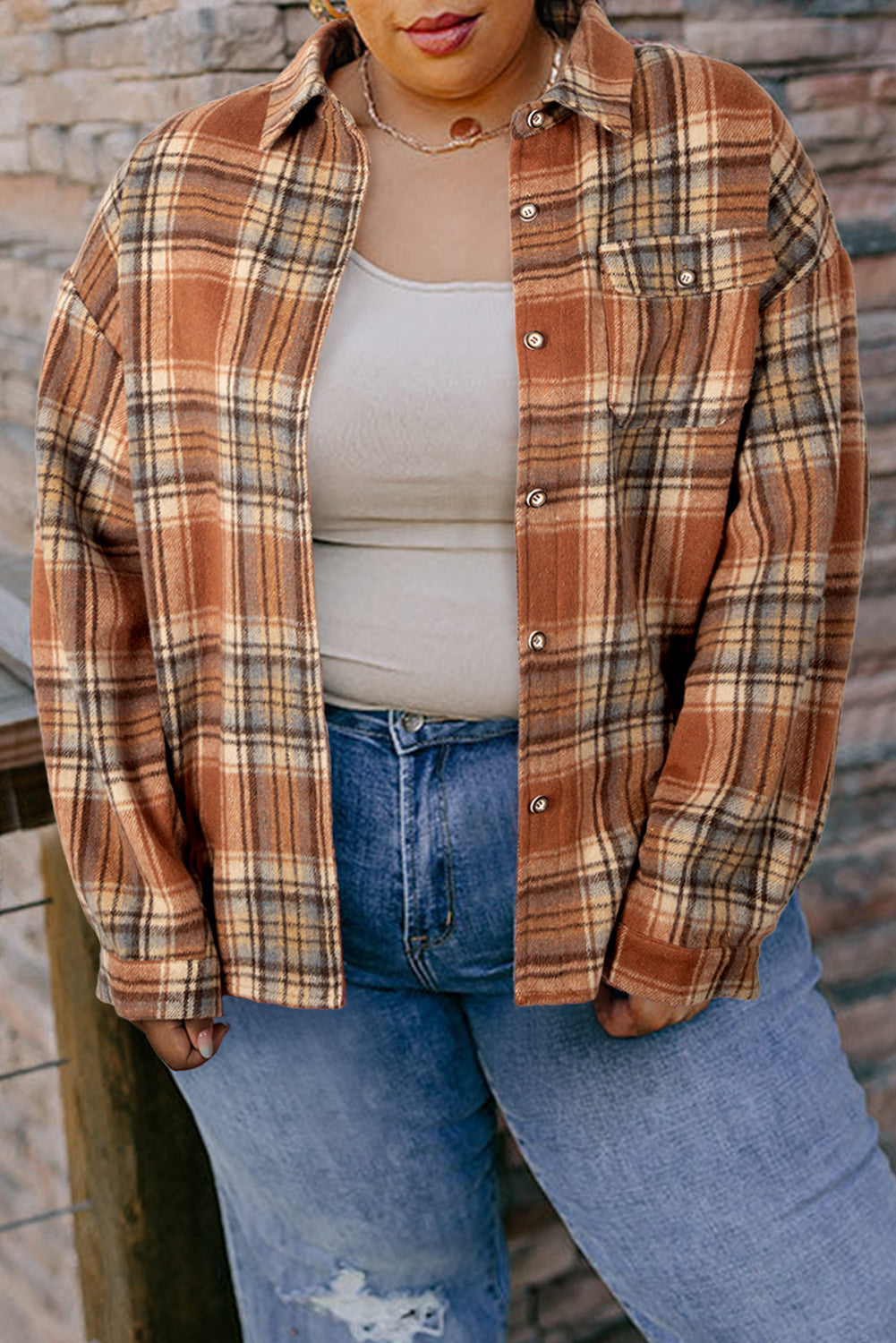 Cosmic Check In Brown Plaid Print Button down Plus Size Shirt