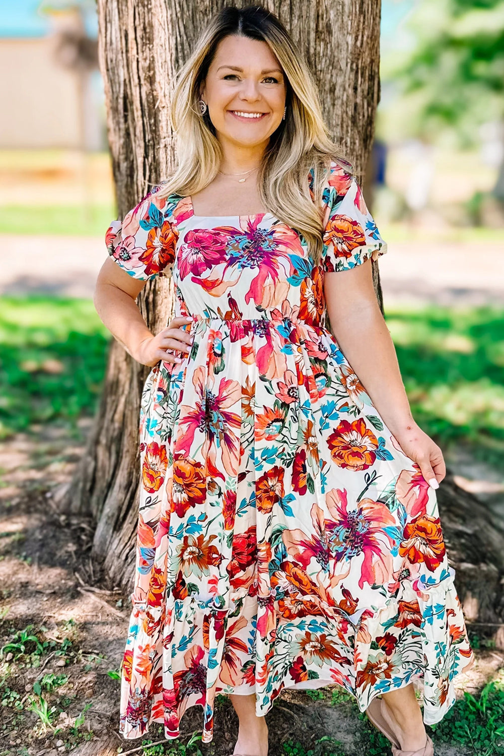 Bright Floral Square Neck Puff Sleeve Plus Size Midi Dress