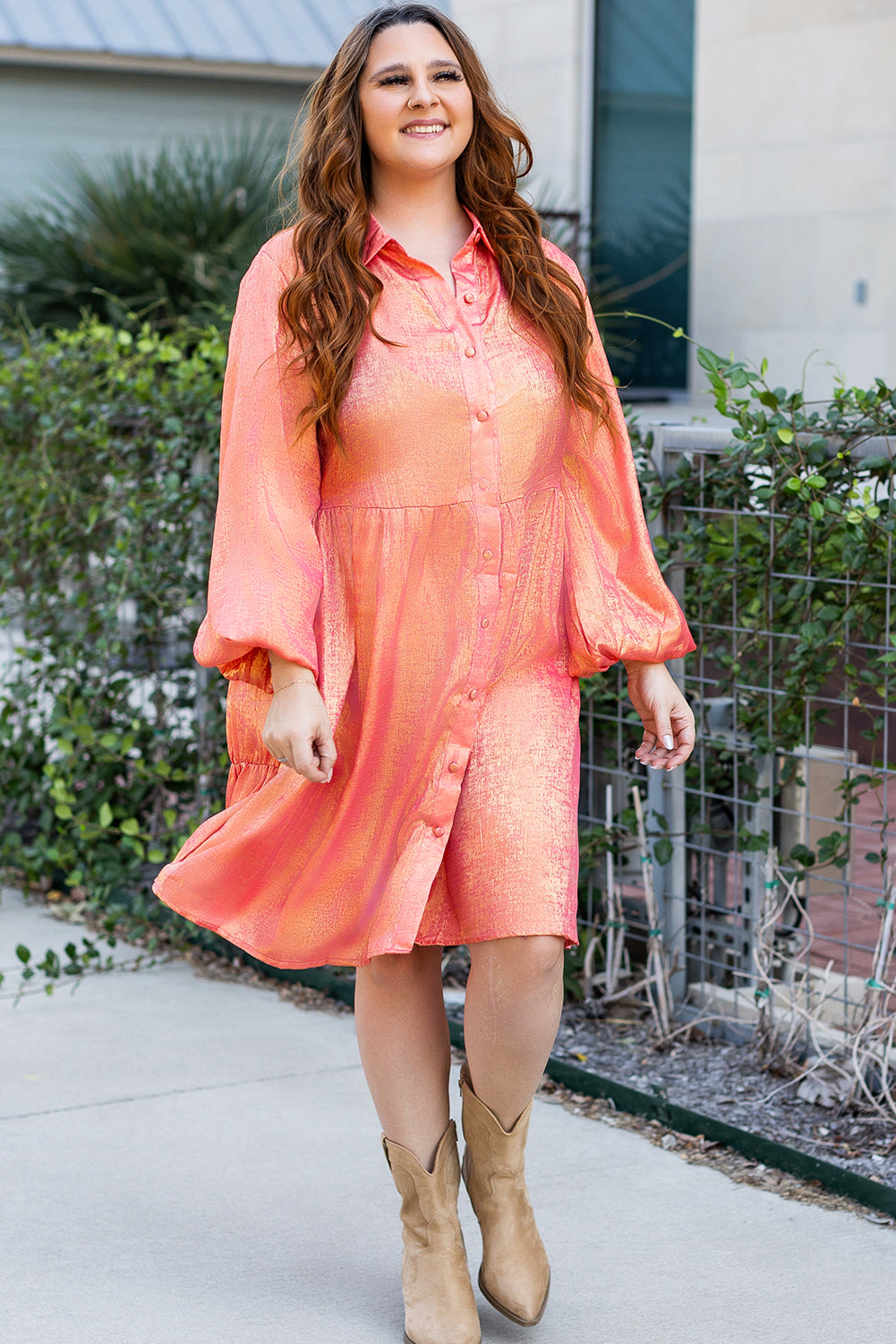 Starlight Peach Bellini Metallic Shimmer Shirt Dress