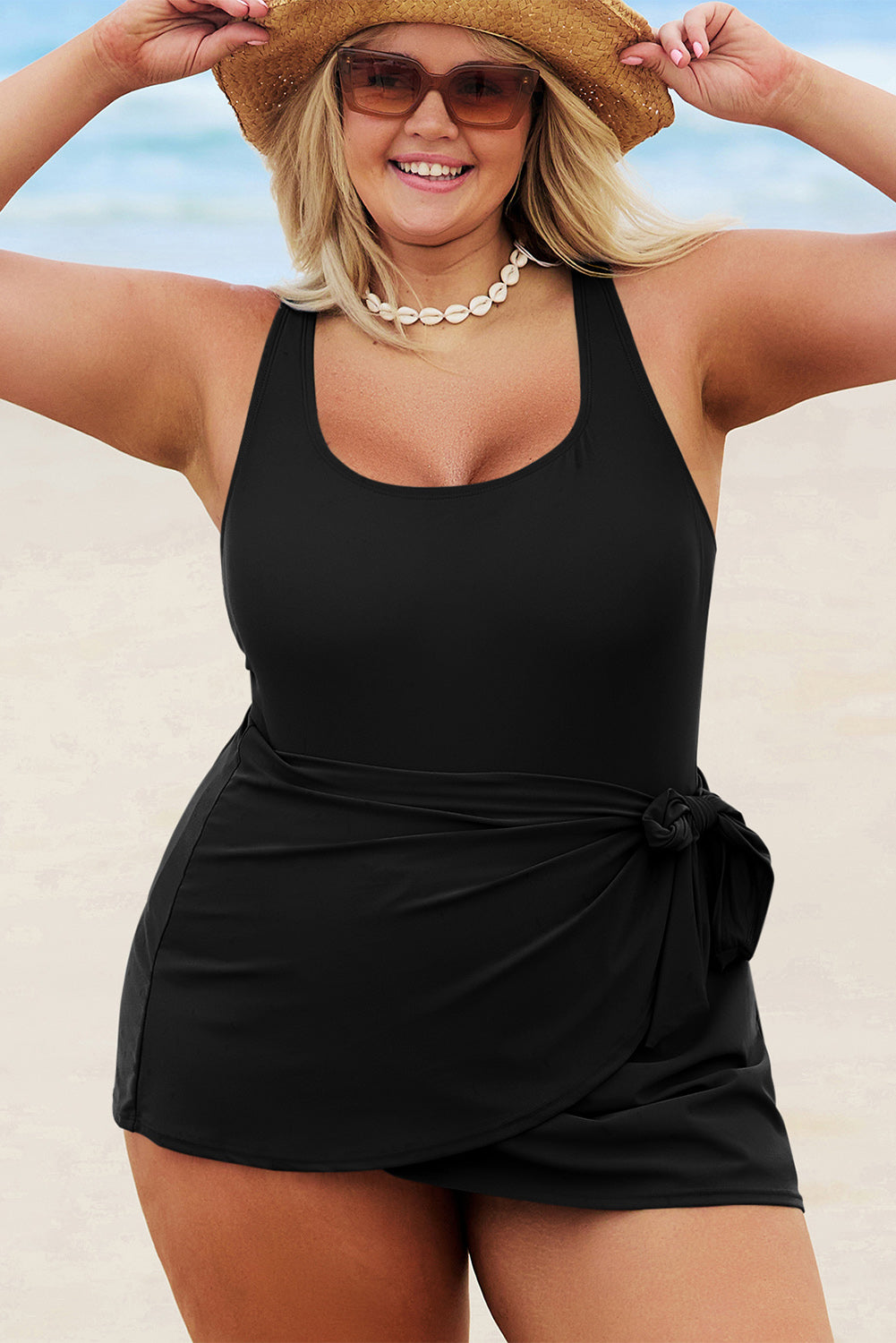 Black Solid Color Square Neck Knotted Plus Size One Piece Swim dress
