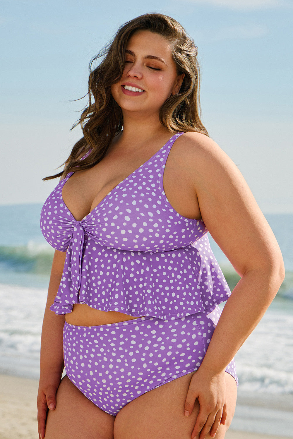 Purple Plus Size Polka Dot Print Peplem Knotted V Neck Tankini Set