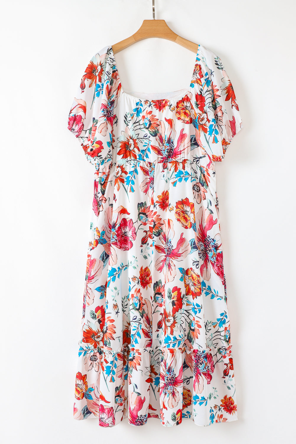 Bright Floral Square Neck Puff Sleeve Plus Size Midi Dress