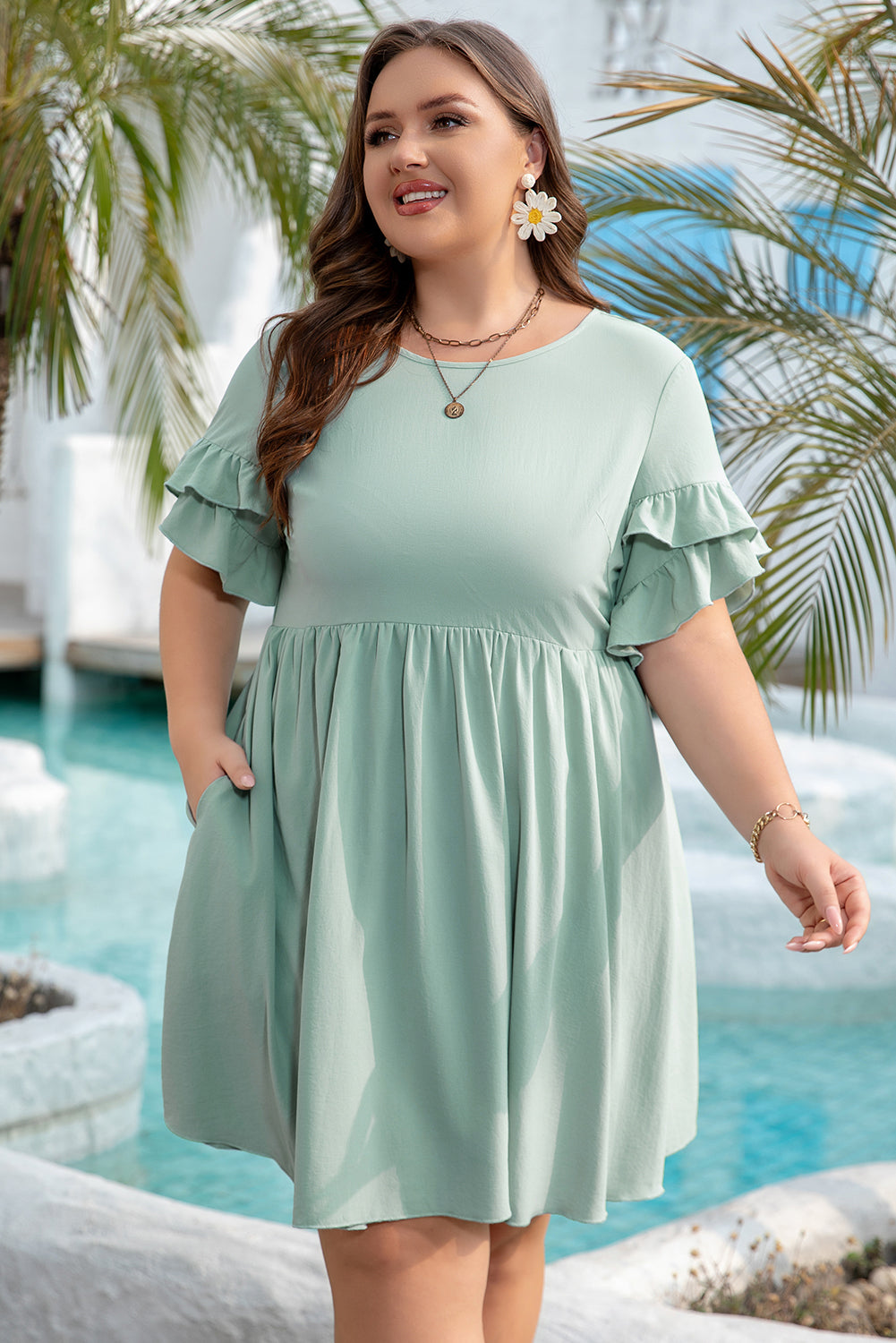 Mint Green Ruffle Sleeve Plus Size  Mini Dress