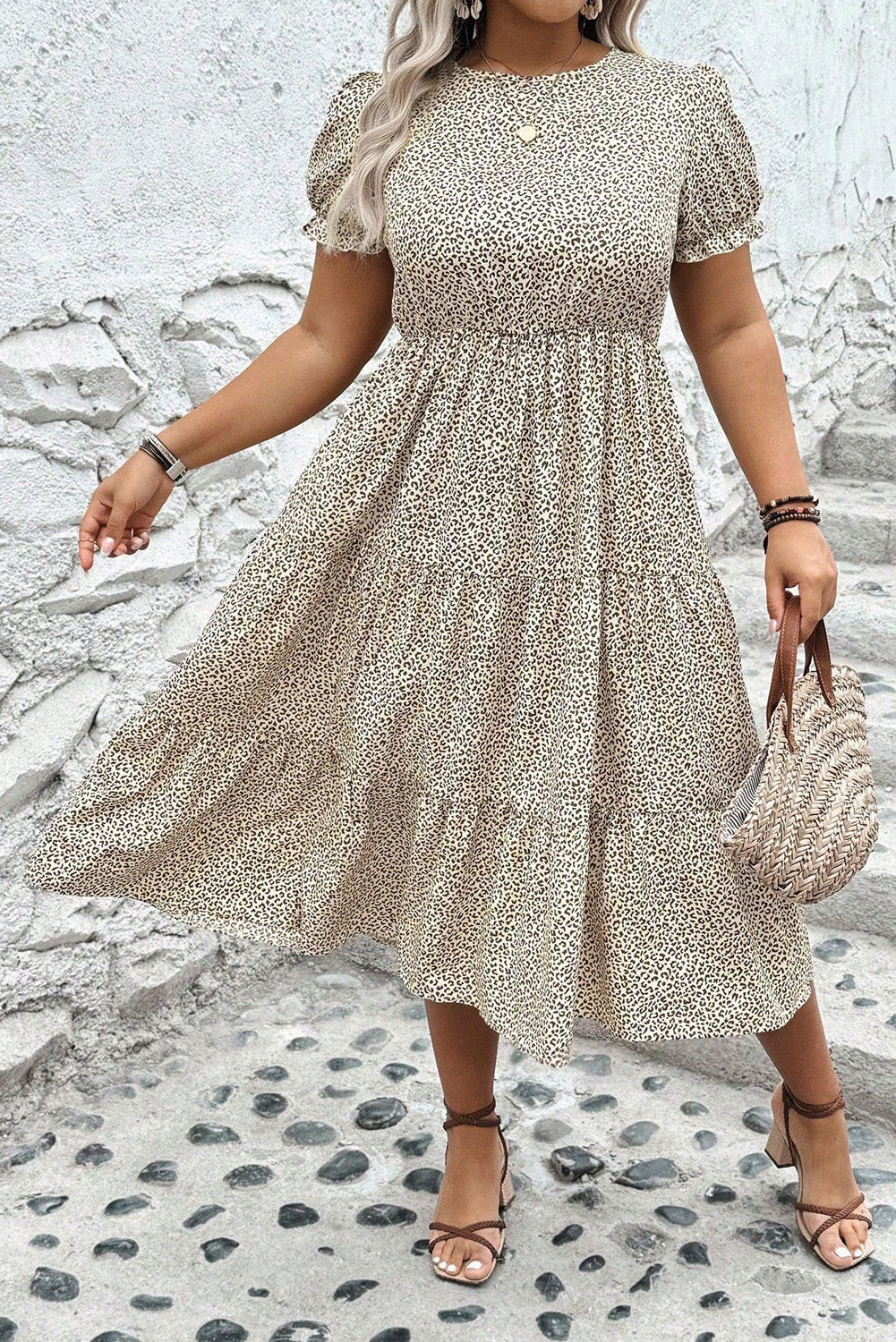 Wild Moon Leopard Print  Short Sleeve Flared Dress