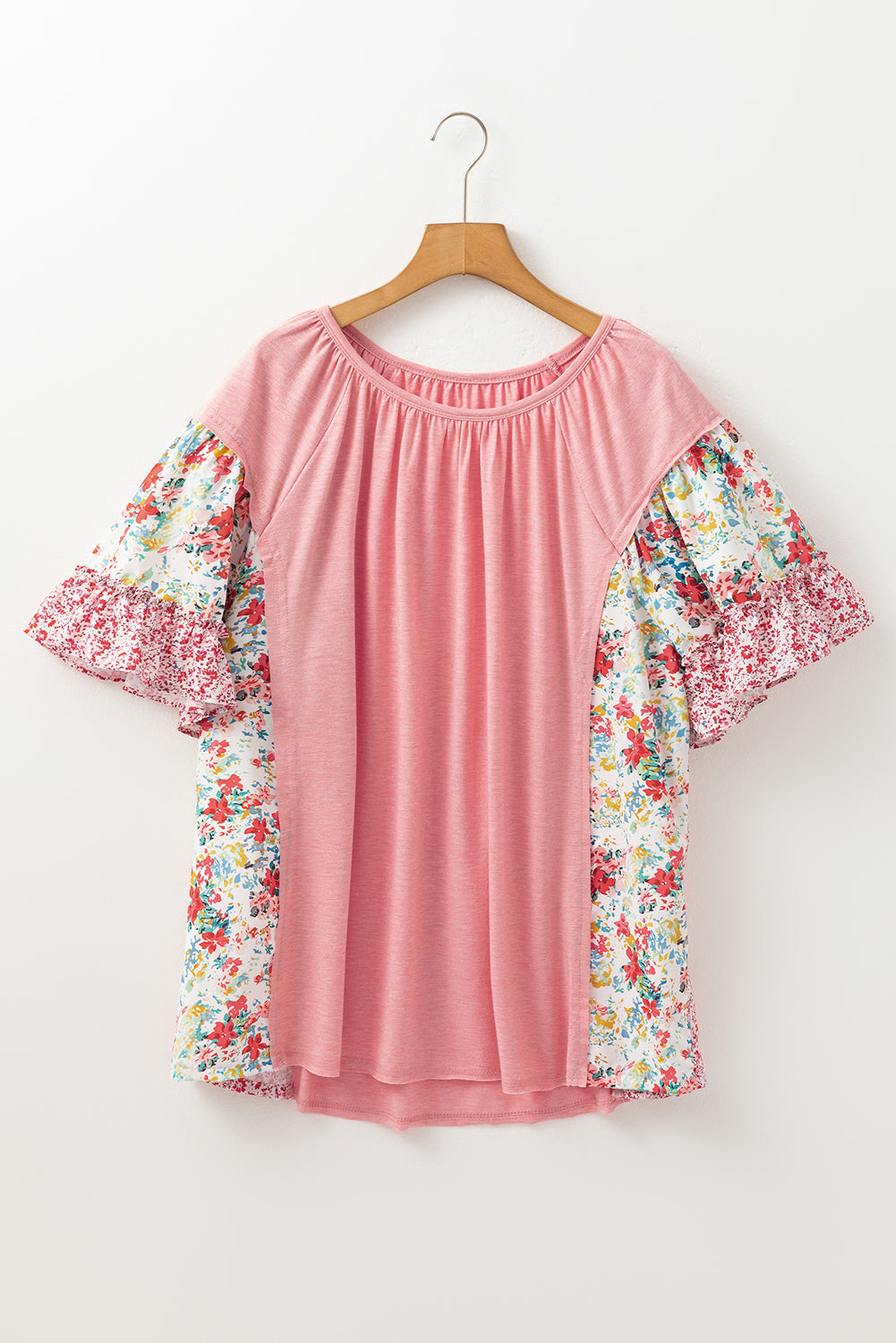 Moonlit Meadow Pink Floral Patchwork Ruffled Short Sleeve Blouse