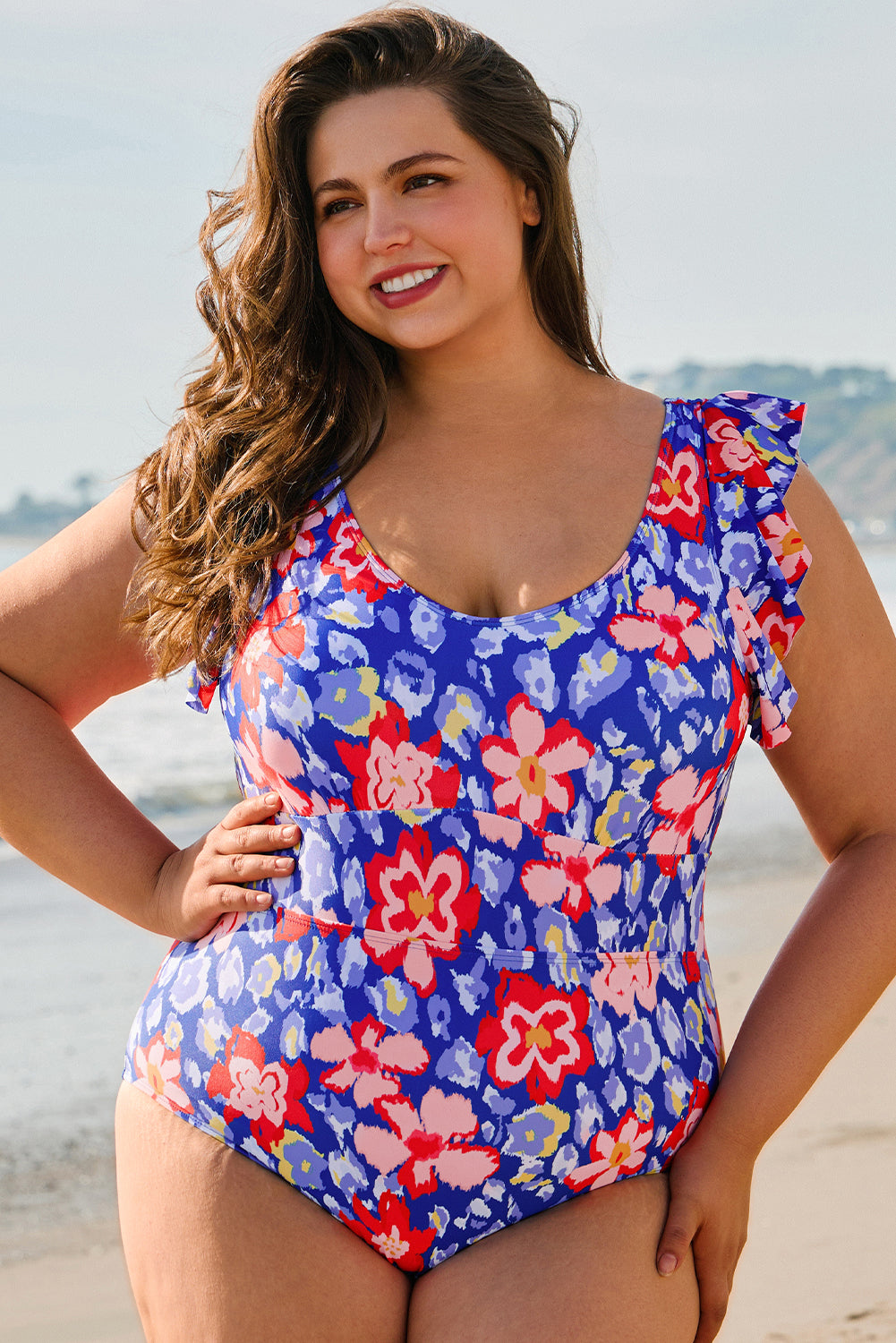 Blue & Pink Floral Print High Waist One Piece Swimsuit