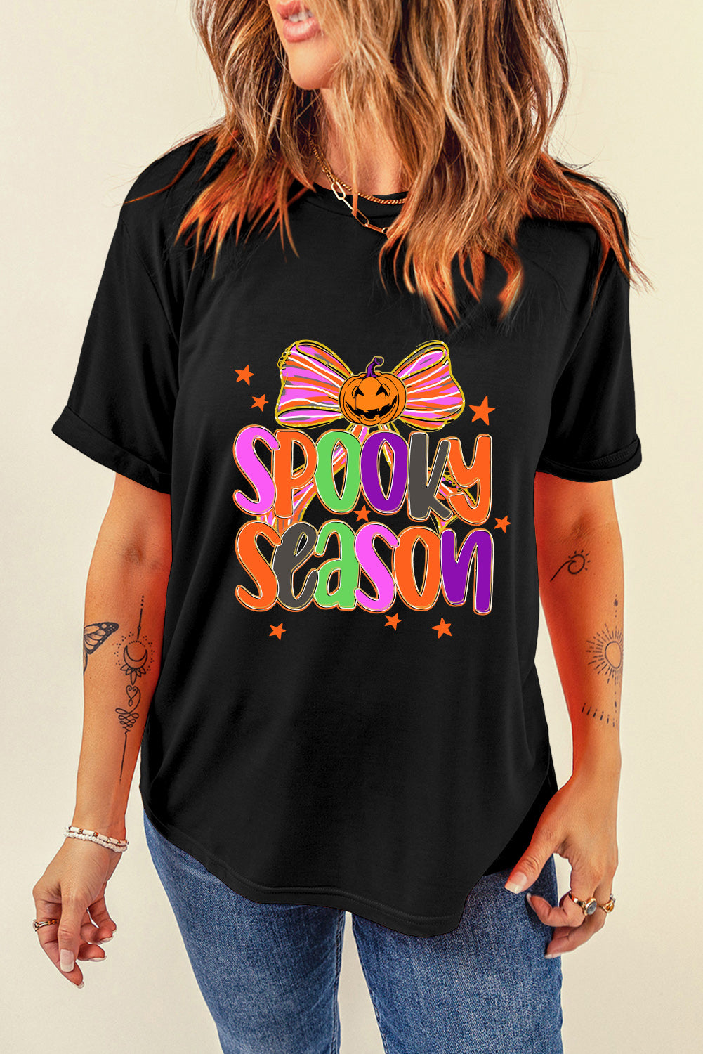 "SPOOKY SEASON" Halloween Pumpkin Bow Print T Shirt