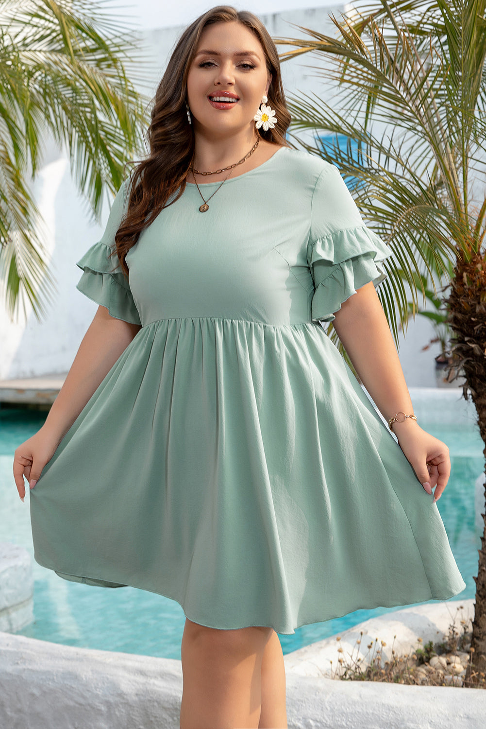 Mint Green Ruffle Sleeve Plus Size  Mini Dress