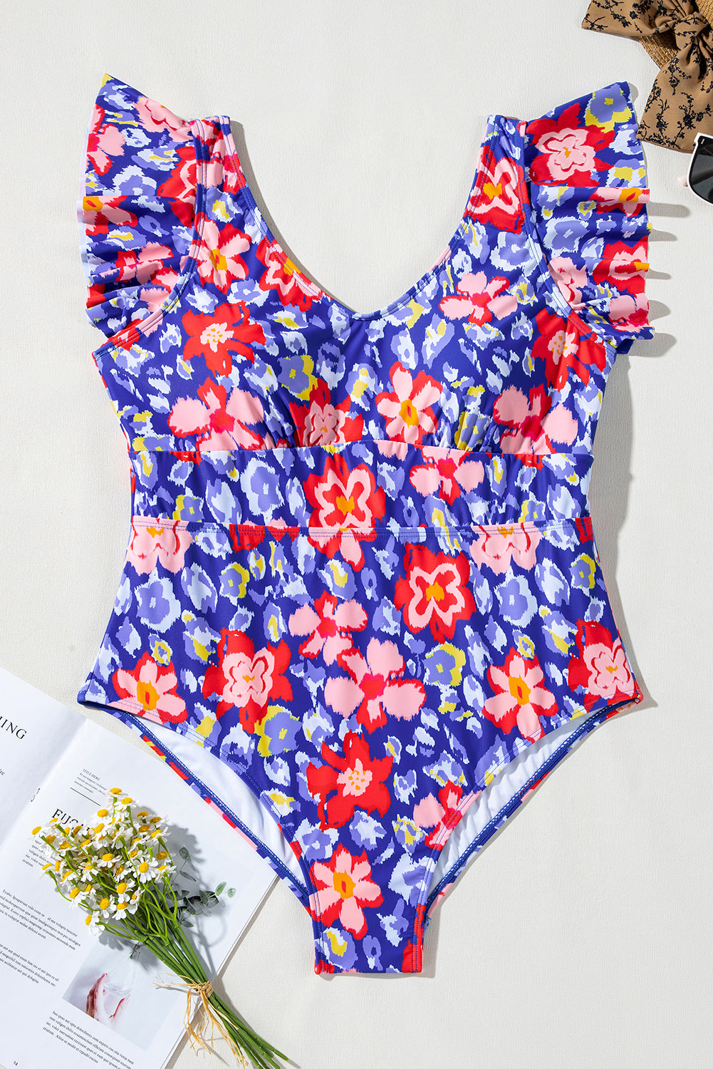 Blue & Pink Floral Print High Waist One Piece Swimsuit
