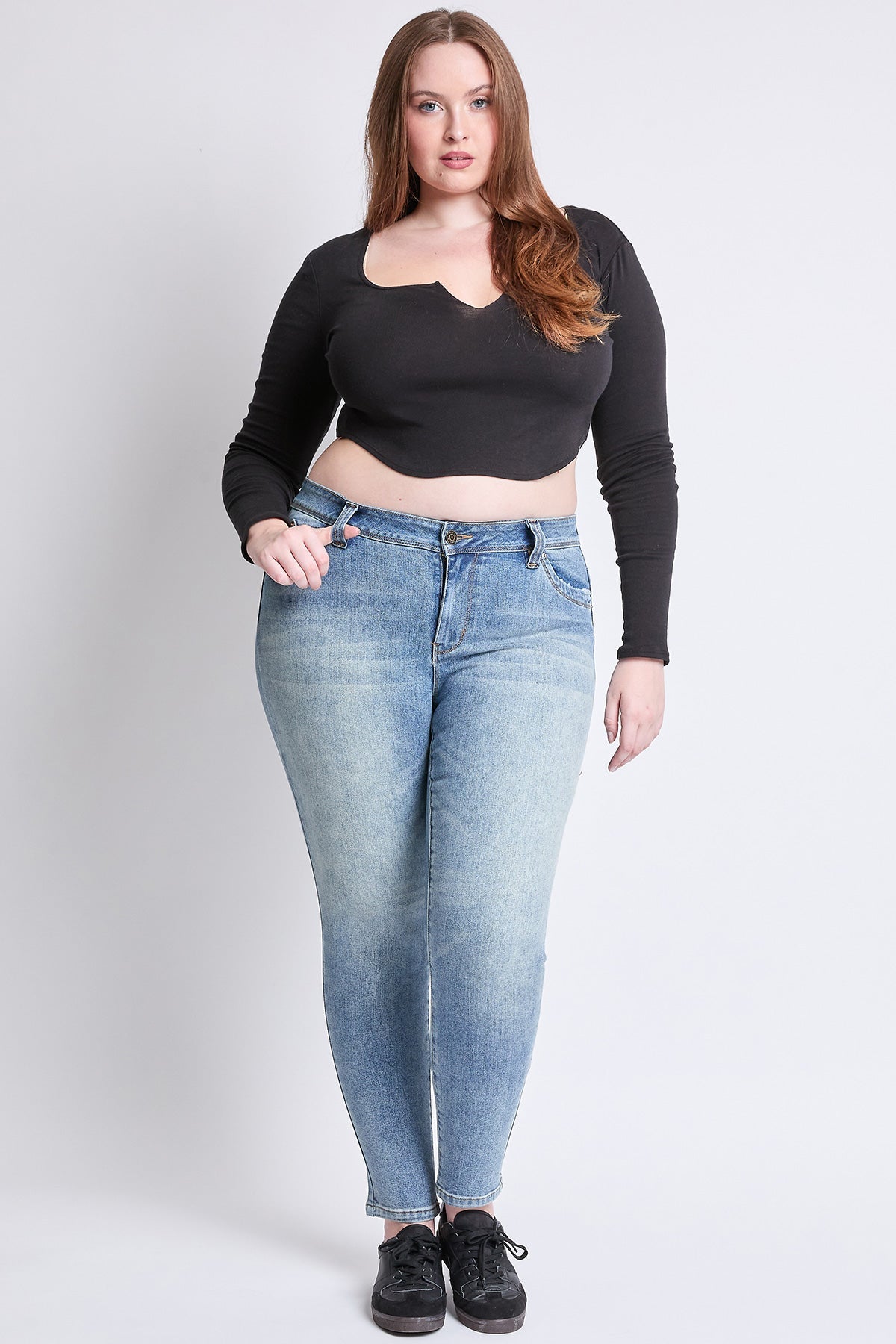 YMI Jeans WannaBettaButt Mid Rise Plus Size Embroidered Skinny Jean