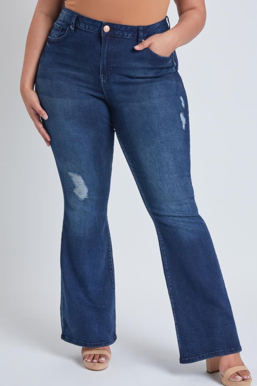 YMI Women's Plus Size Basic Destructed Flare Jeans