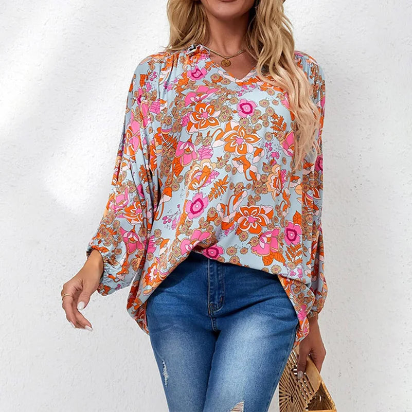 Solar Flower Flair  Long Sleeve Popover Blouse