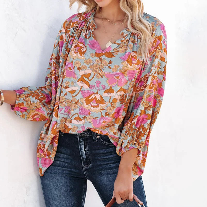 Solar Flower Flair  Long Sleeve Popover Blouse