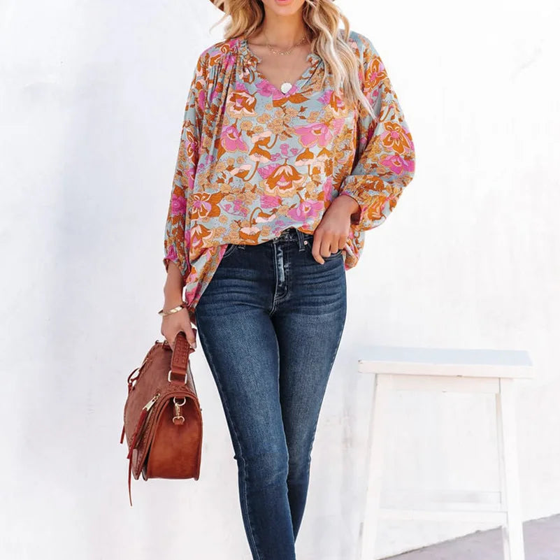 Solar Flower Flair  Long Sleeve Popover Blouse