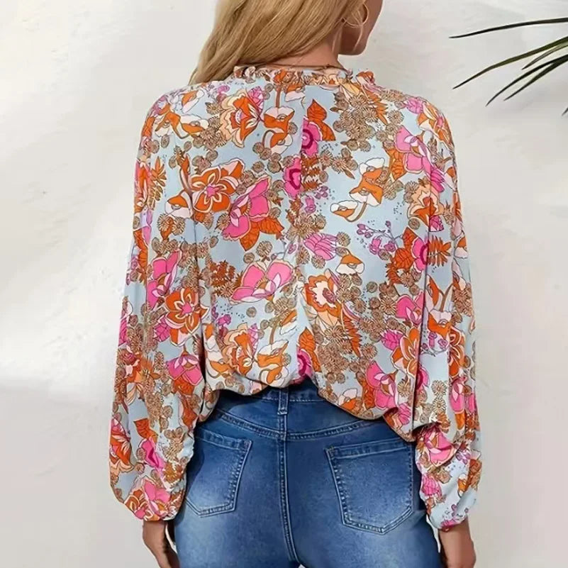 Solar Flower Flair  Long Sleeve Popover Blouse
