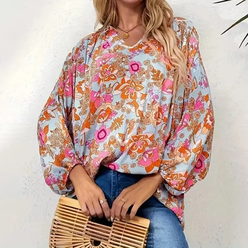 Solar Flower Flair  Long Sleeve Popover Blouse