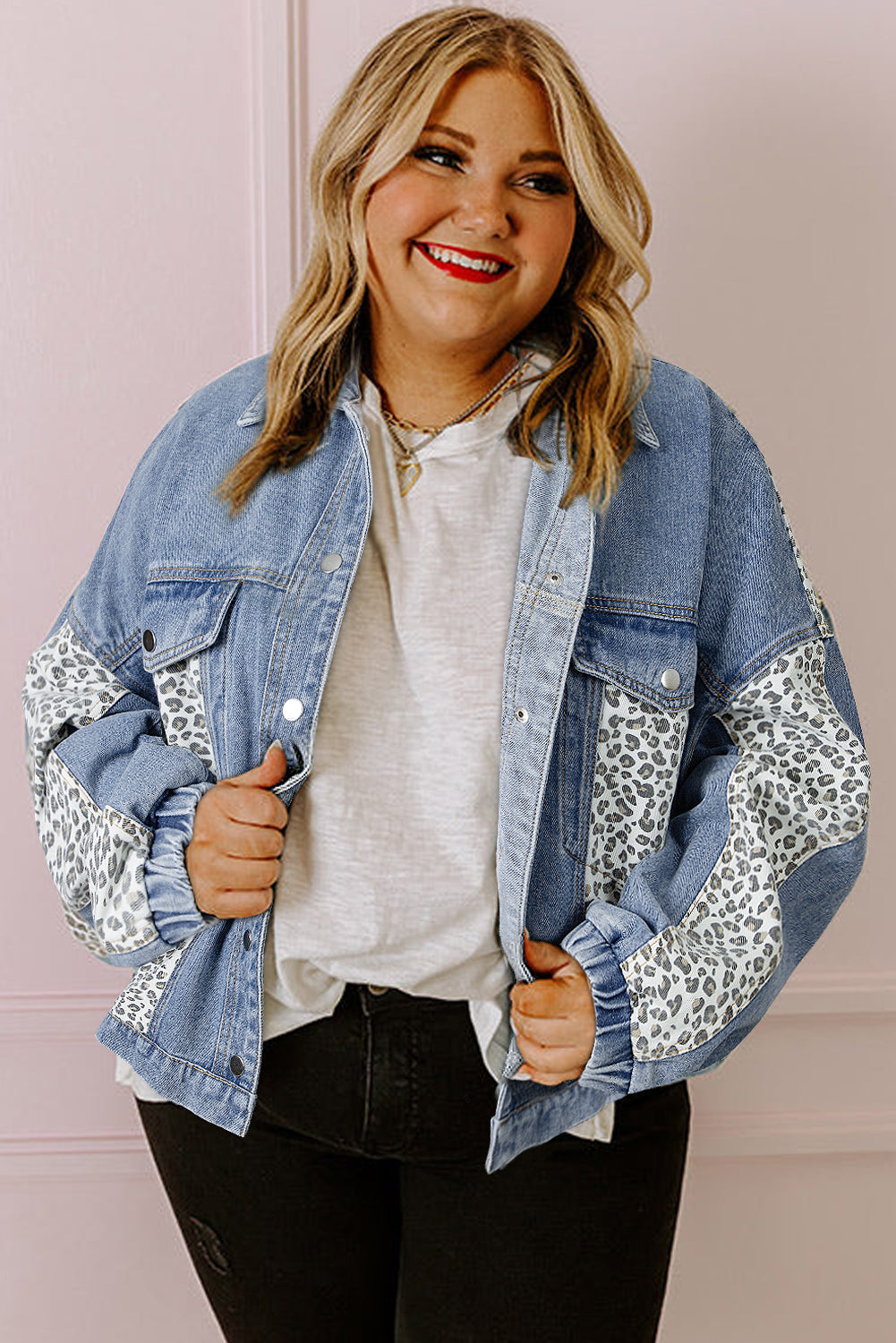 Galactic Wild Leopard Patchwork Plus Size Denim Jacket