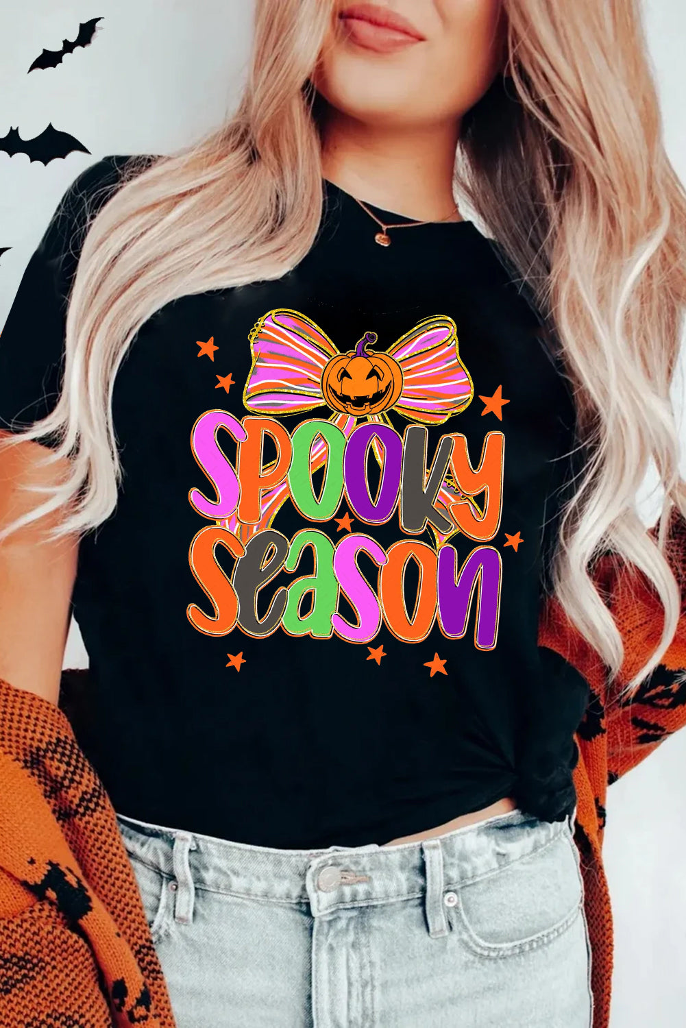 "SPOOKY SEASON" Halloween Pumpkin Bow Print T Shirt