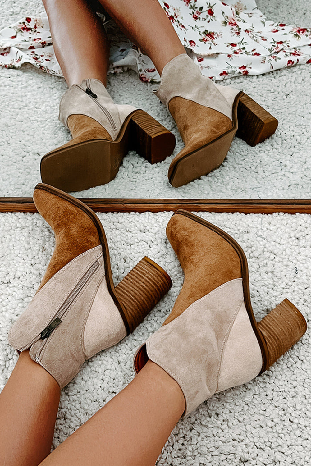 Nova Nights Two Tone Faux Suede Chunky Heel Boots