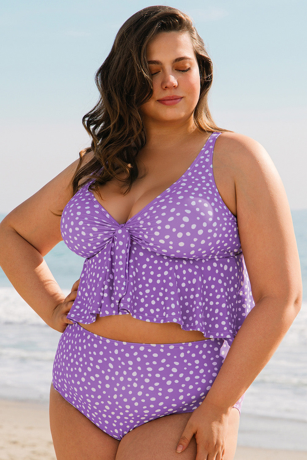 Purple Plus Size Polka Dot Print Peplem Knotted V Neck Tankini Set