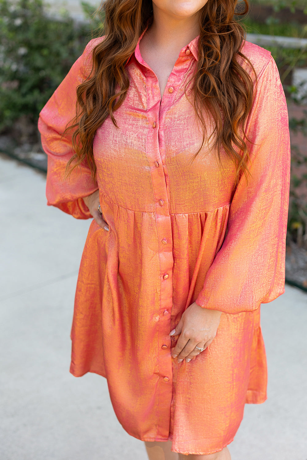 Starlight Peach Bellini Metallic Shimmer Shirt Dress