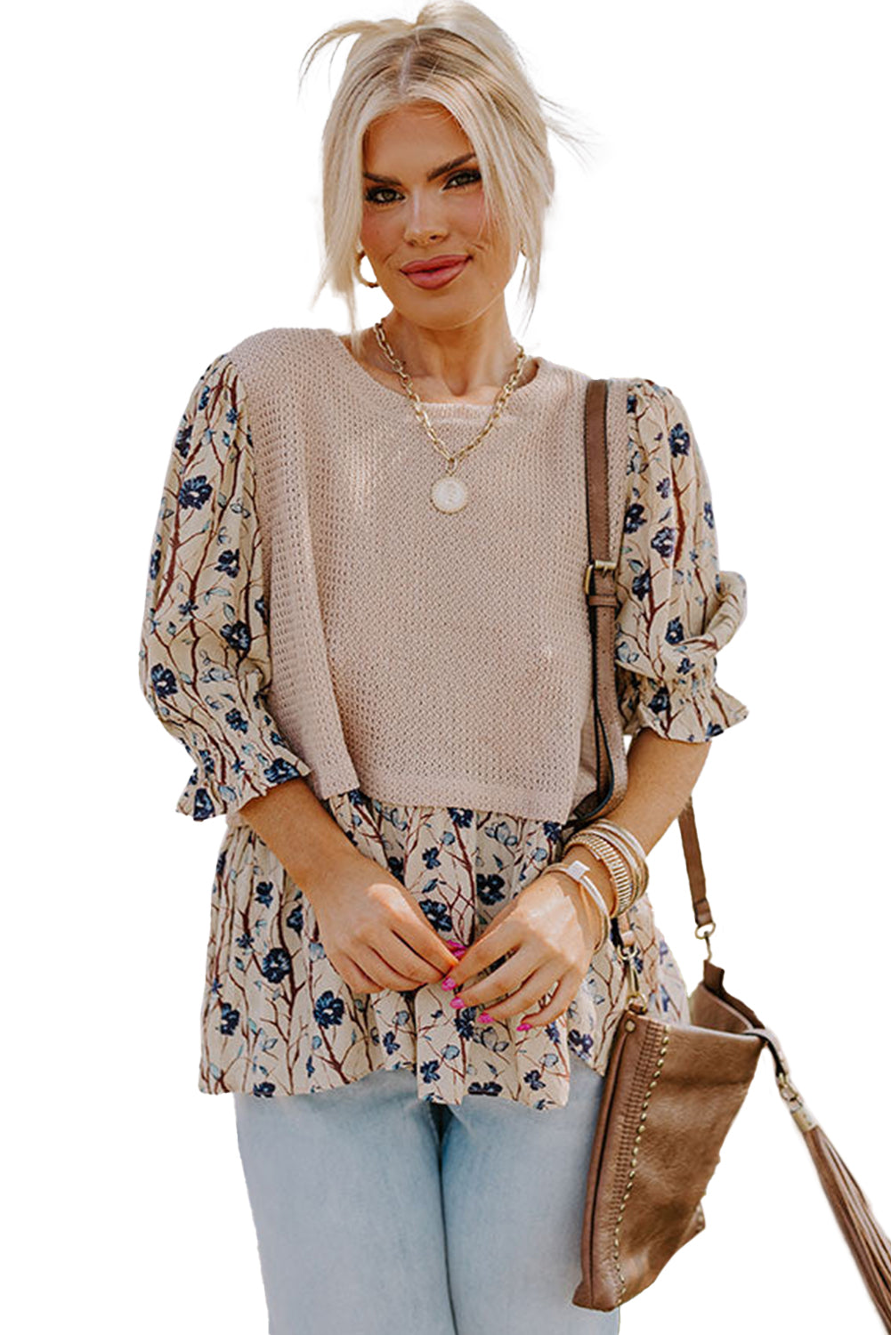Starry Bloom Beige Faux Two Piece Knit Top