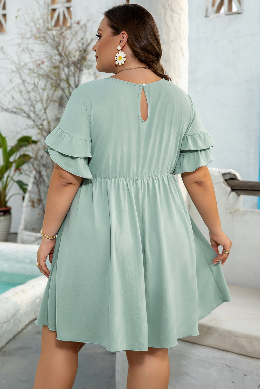 Mint Green Ruffle Sleeve Plus Size  Mini Dress