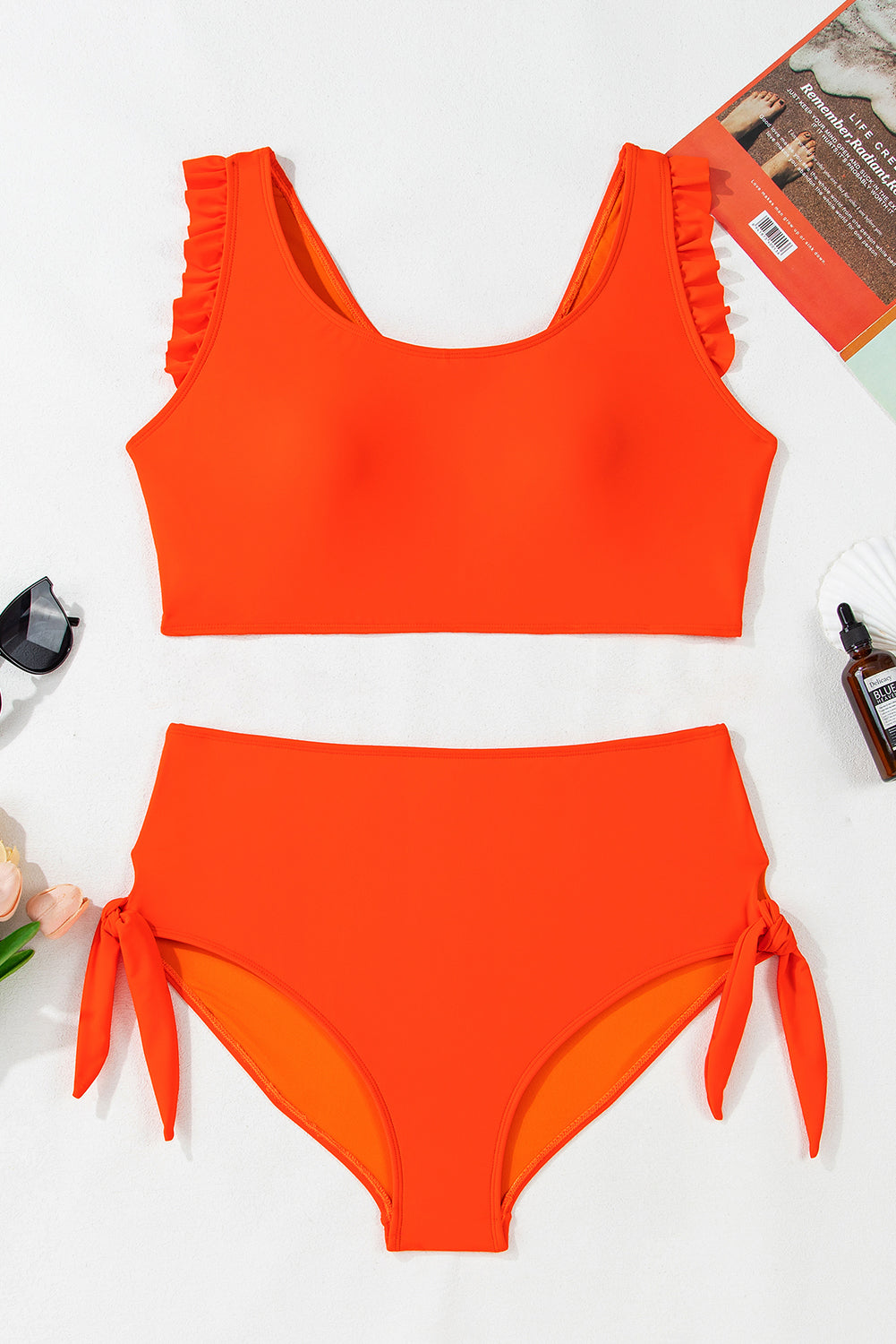 Cosmic-Chic Orange  Ruffled Trim High Waist Plus Size Bikini Set