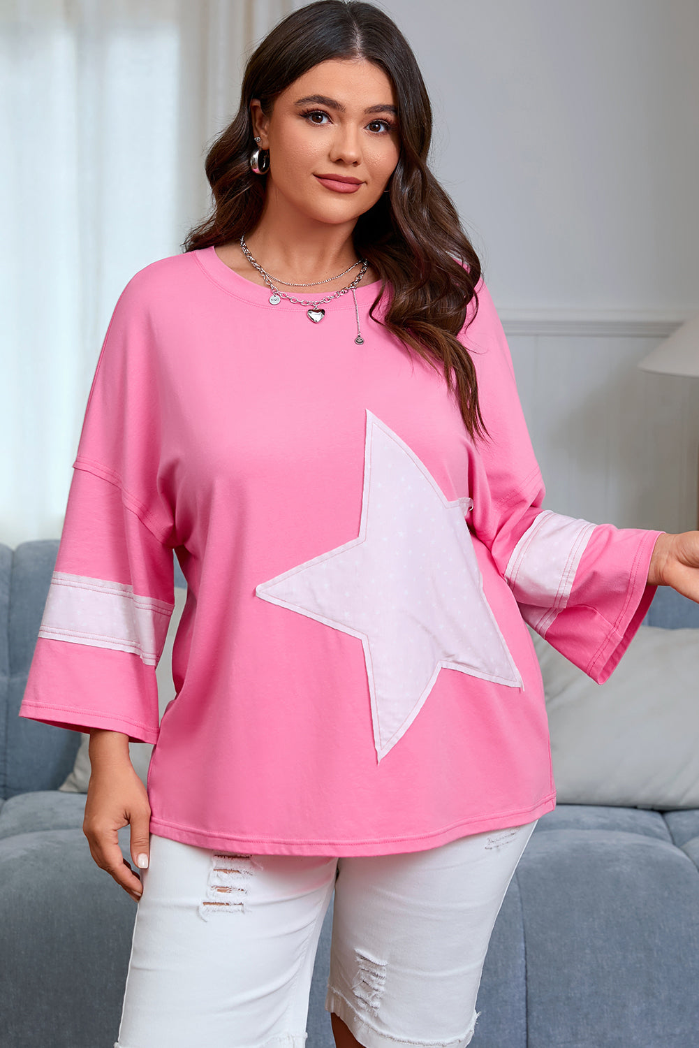 Stellar Charm Star Raw Edge Frayed Star  Plus Size Top