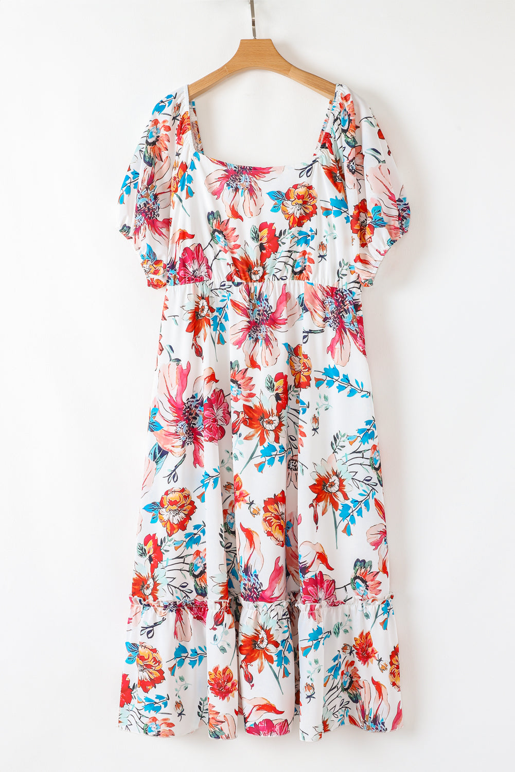 Bright Floral Square Neck Puff Sleeve Plus Size Midi Dress