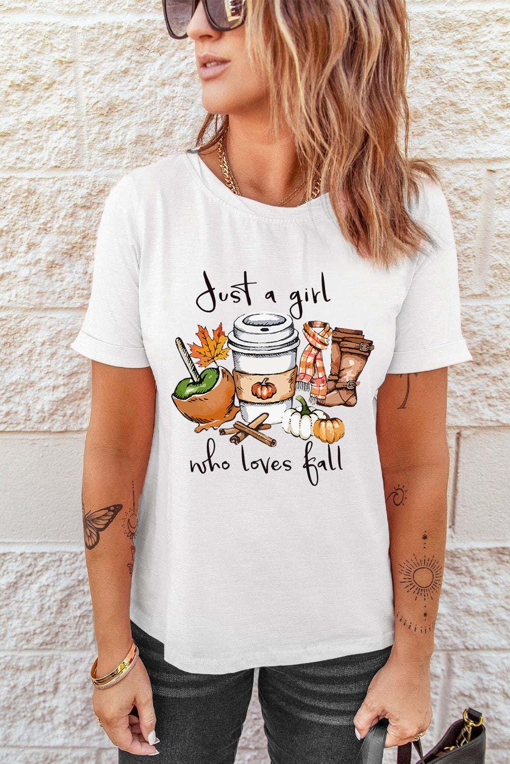 JUST A GIRL..Fall Vibe Graphic White Crew Neck T Shirt