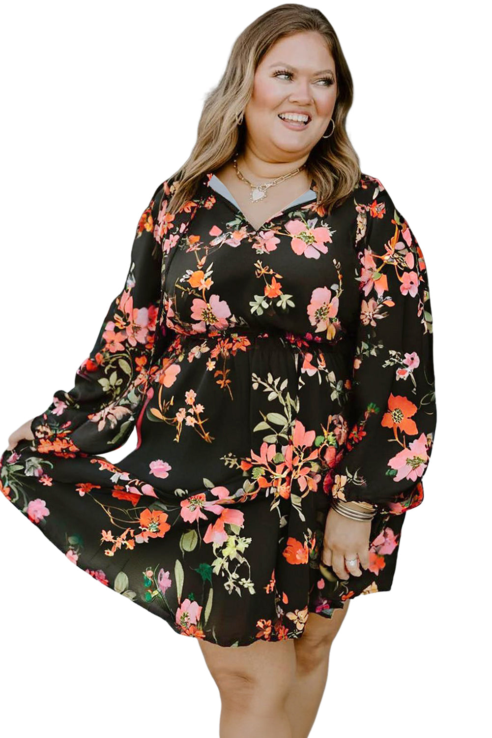 Boho Nova Black Plus Size Floral Print Tie Neck Mini Dress