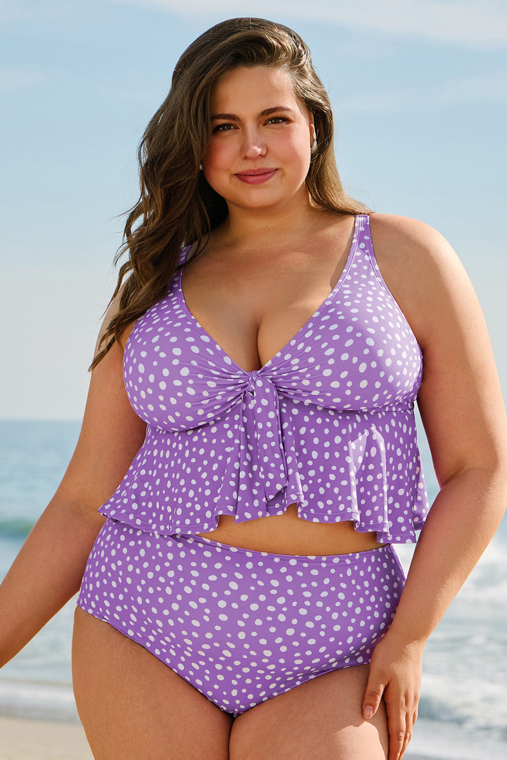 Purple Plus Size Polka Dot Print Peplem Knotted V Neck Tankini Set