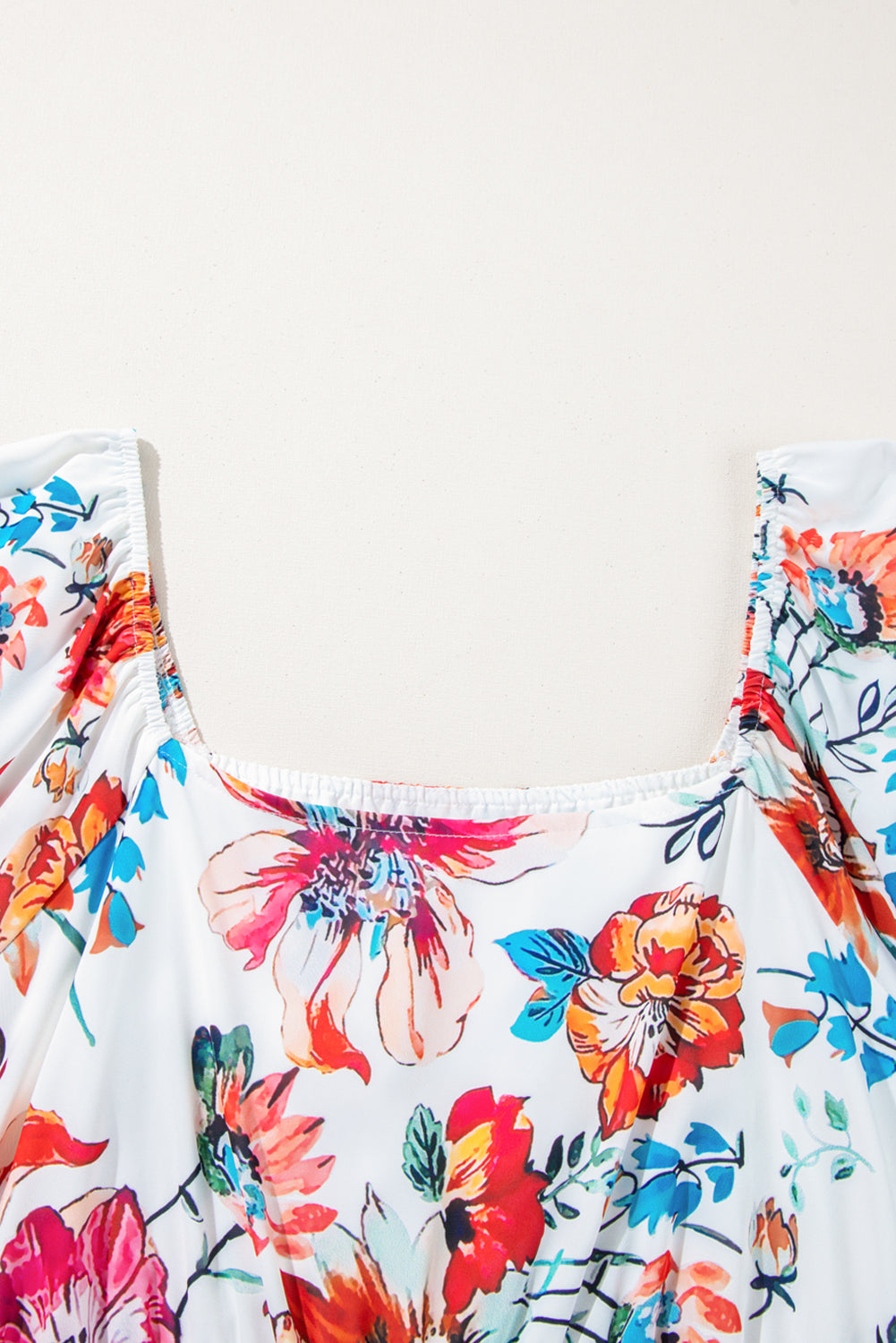 Bright Floral Square Neck Puff Sleeve Plus Size Midi Dress